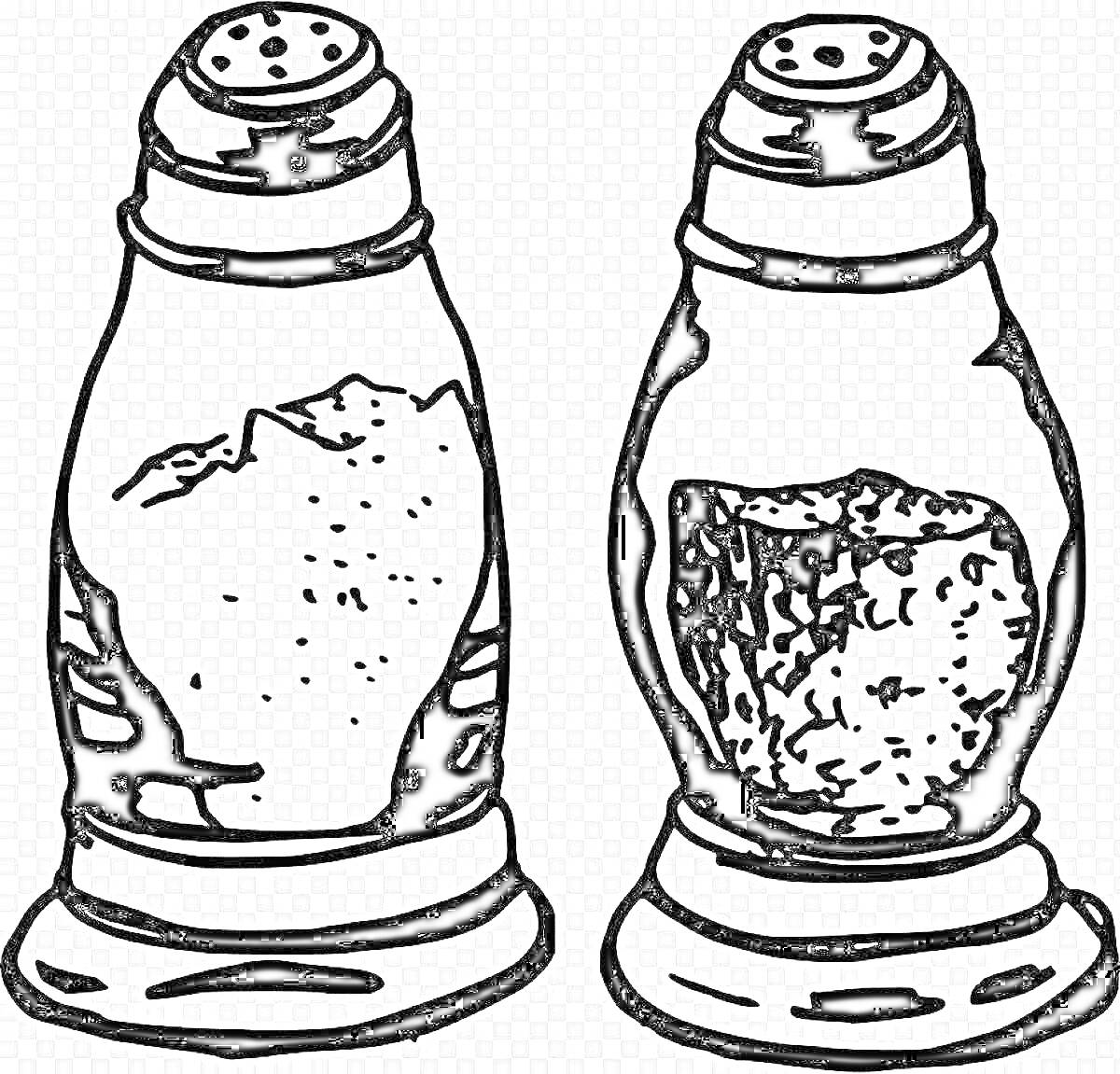 На раскраске изображено: Солонка, Перец, Соль, Посуда, Специи, Кухонные принадлежности