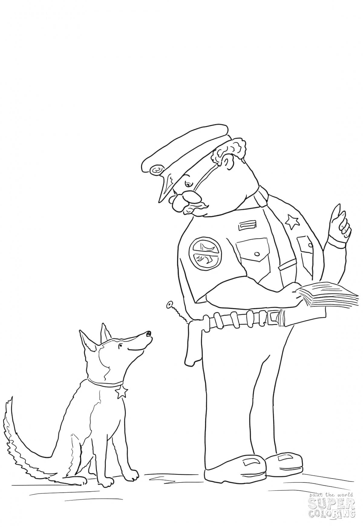 На раскраске изображено: Офицер, Собака, Форма, Эмблемы, Служба, Патруль