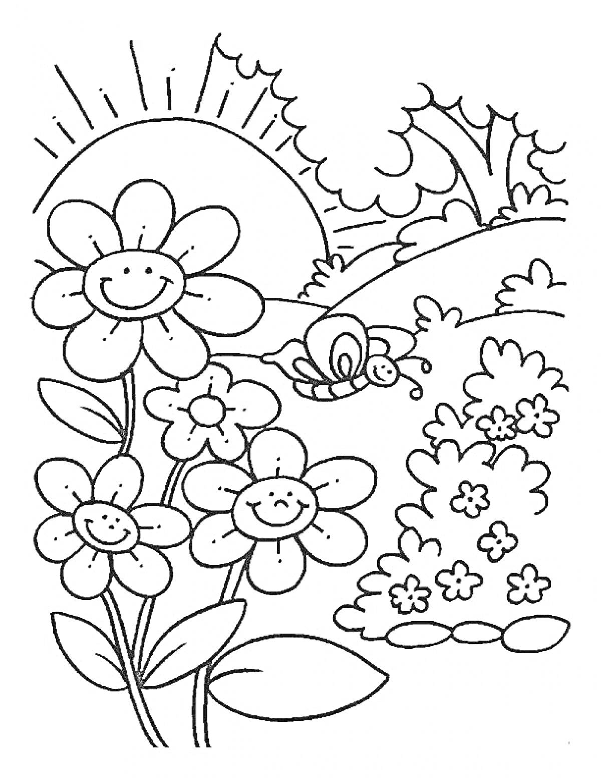 На раскраске изображено: Май, Весна, Цветы, Солнце, Природа, Кусты, Деревья, Пчёлы