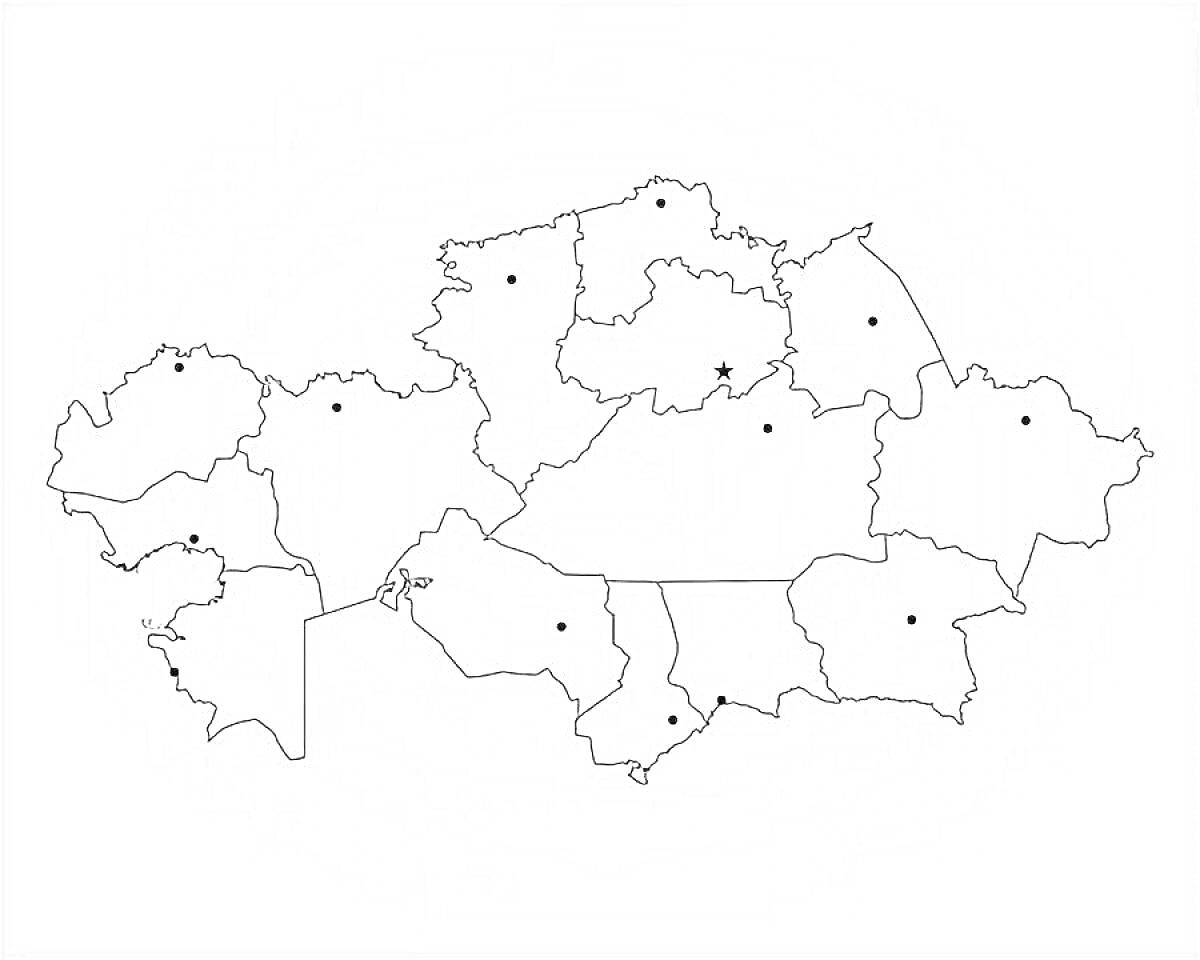 Раскраска Карта Казахстана с областями и отмеченными городами