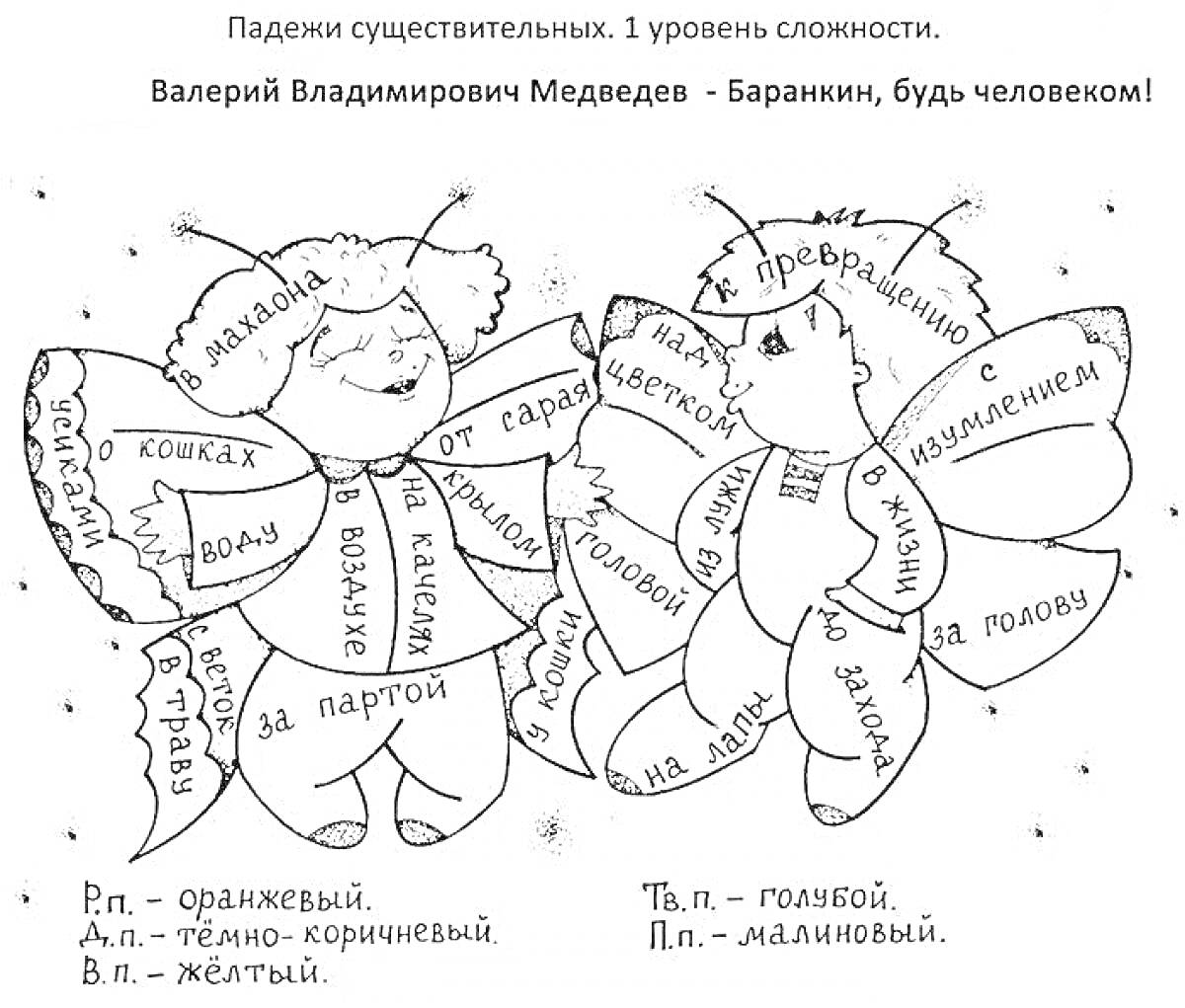 Раскраска Две бабочки с падежами существительных и примерами, из произведения 