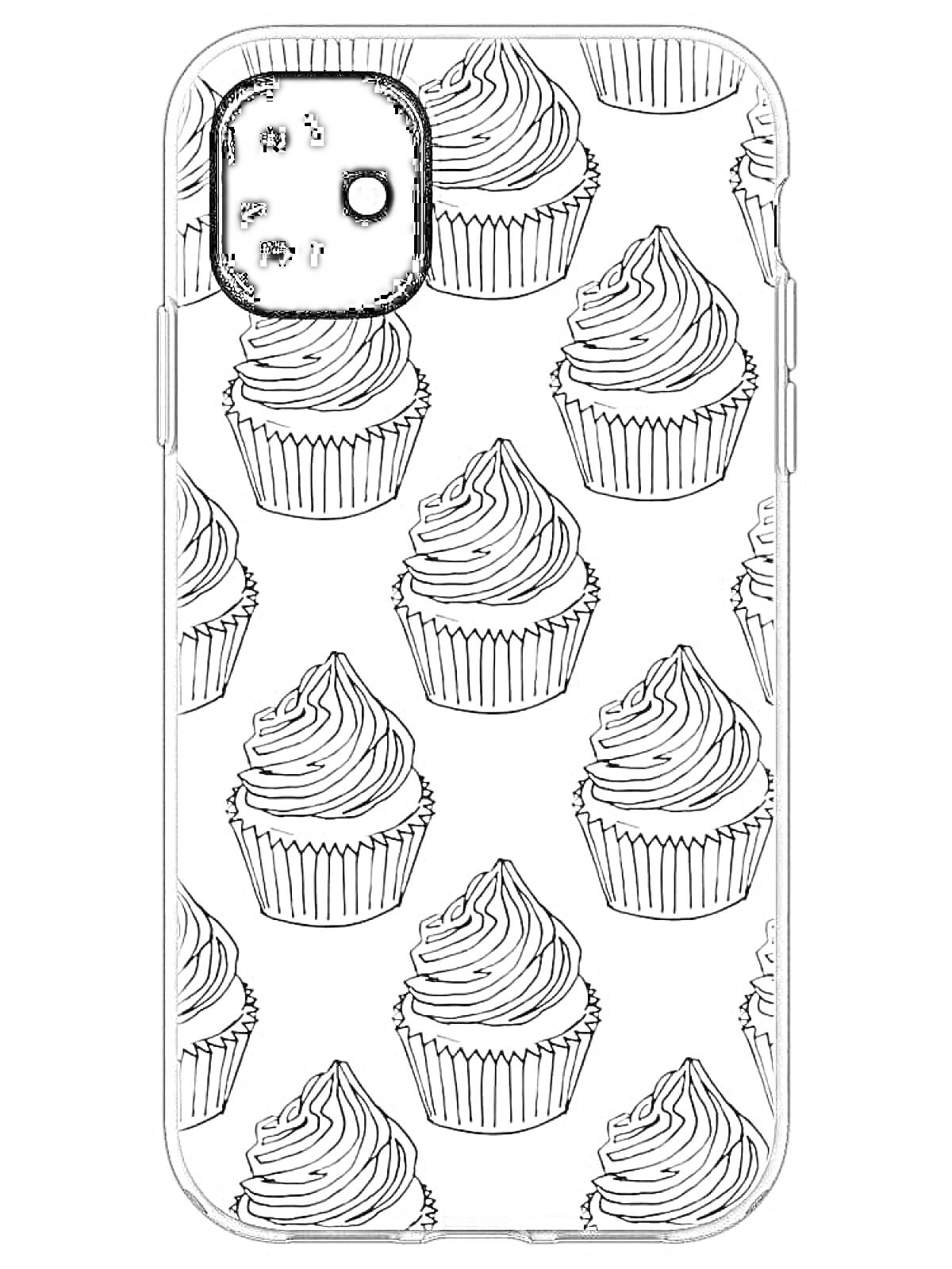 Раскраска Айфон 14 с черно-белым рисунком капкейков.