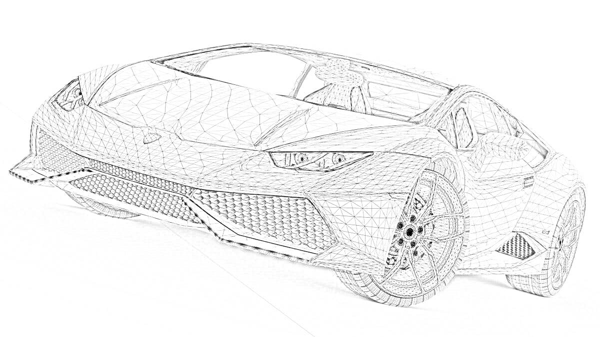 Раскраска Ламборджини Хуракан (вид спереди, каркасная модель).