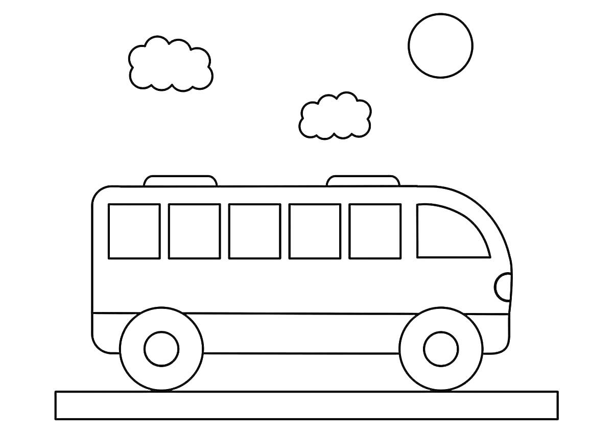 На раскраске изображено: Автобус, Облака, Солнце, Для детей, Транспорт, Колёса, Окна, Небо