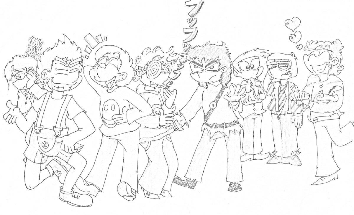 На раскраске изображено: Группа людей, Держатся за руки, Аниме, Персонаж, Эмоджи