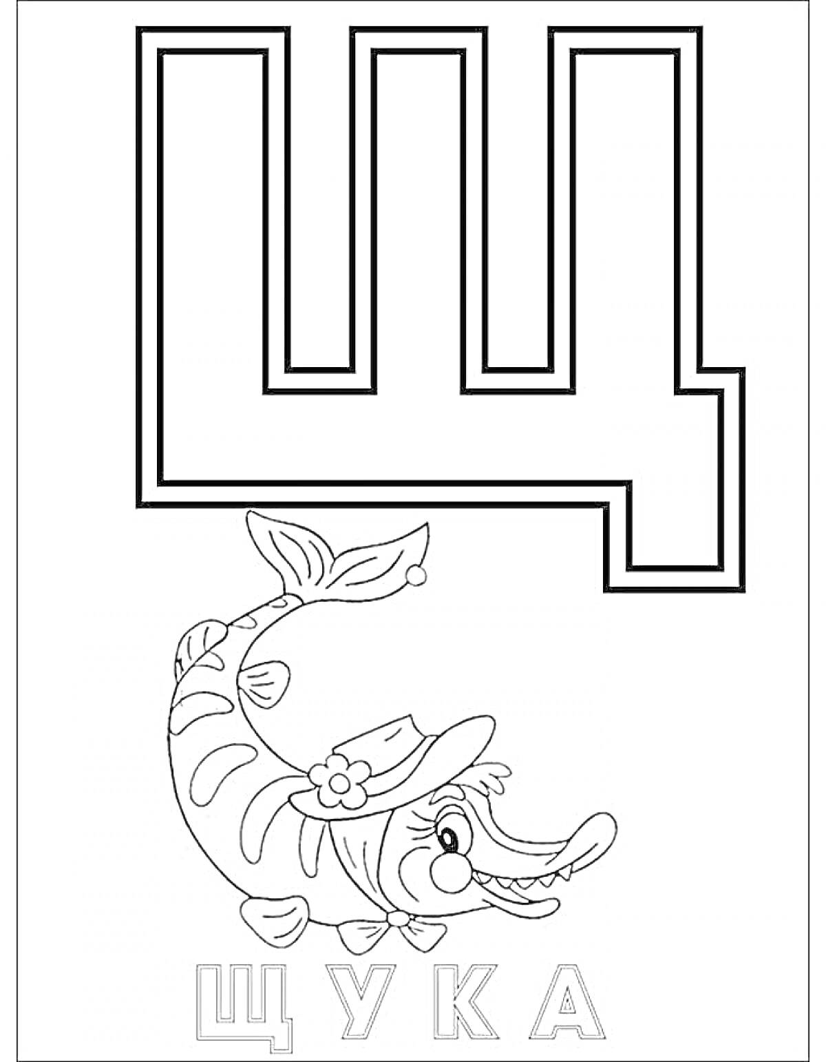 На раскраске изображено: Буква Щ, Щука, Рыба, Шляпа, Обучение, Азбука