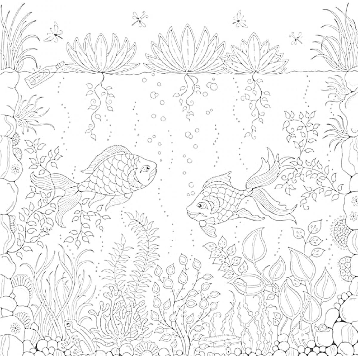 Раскраска Две рыбы в пруду среди растительности и насекомых