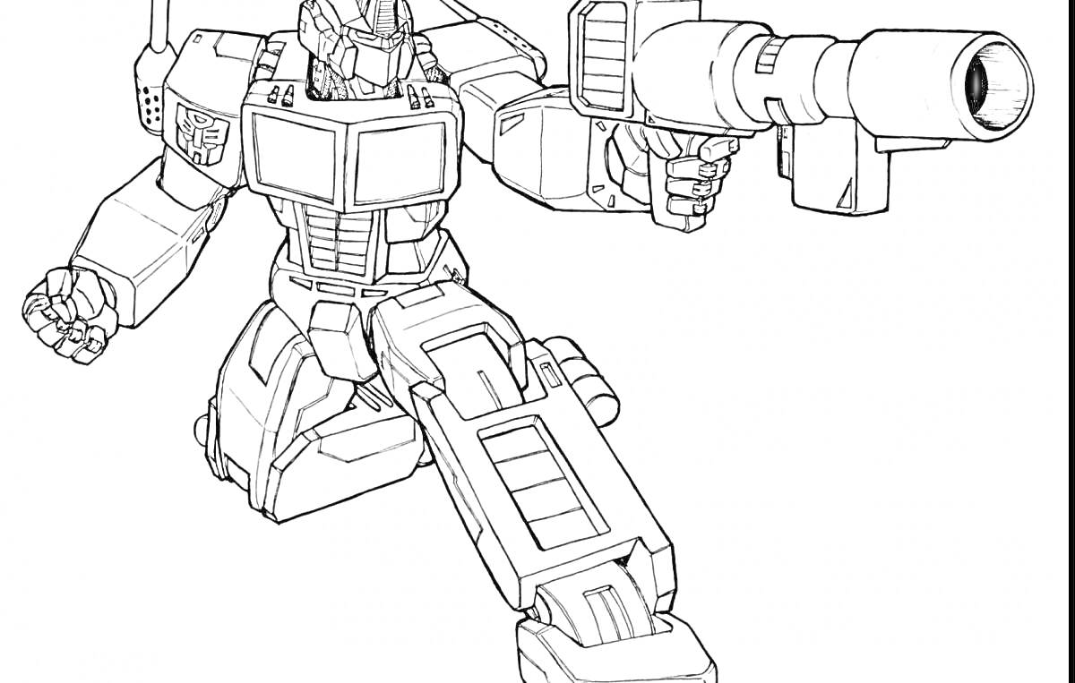 Раскраска Тобот с оружием, принимает боевую позу, робот готовится к атаке