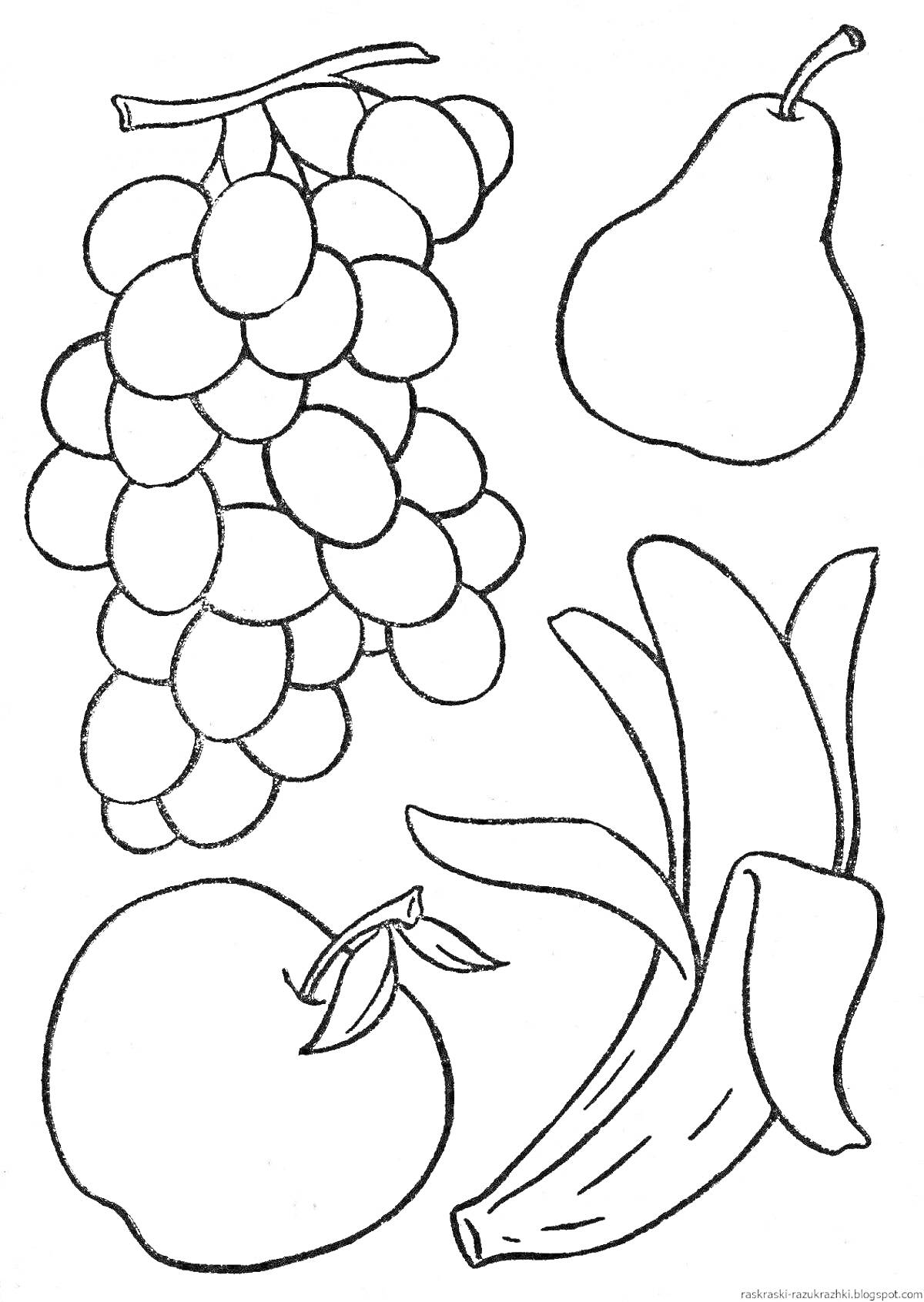 На раскраске изображено: Фрукты, Овощи, Виноград, Банан, Яблоко