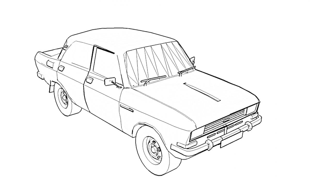 Раскраска Раскраска с изображением автомобиля Москвич в перспективе, видно четыре колеса, окна, двери, бампер, решётка радиатора и фары