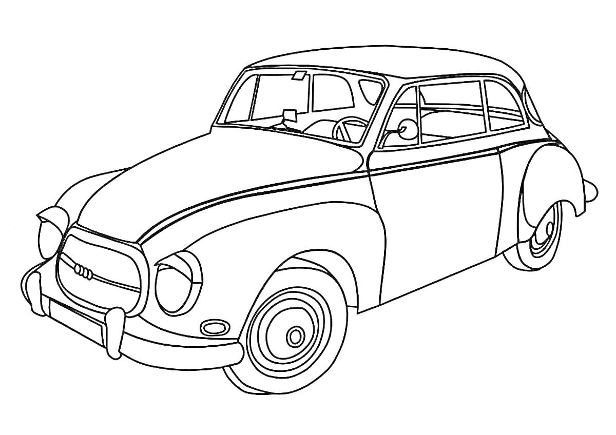 Раскраска Ретро автомобиль с бампером, фарами, боковыми зеркалами и колесами