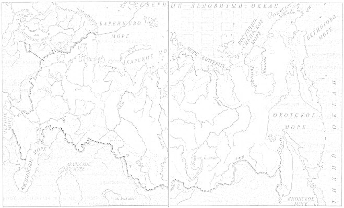 Раскраска Карта природных зон России с обозначением границ стран, рек и морей