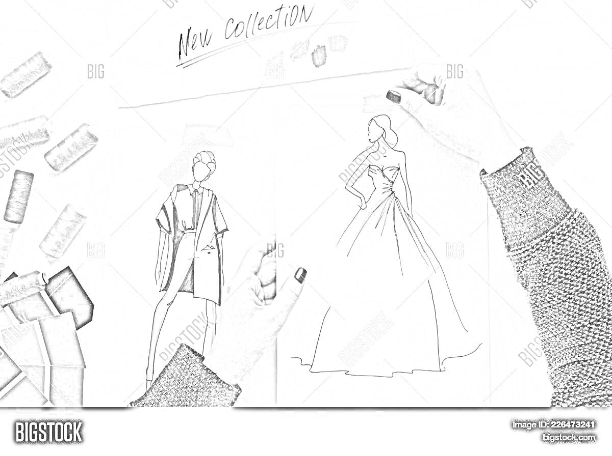 Раскраска Рисунки эскизов новой коллекции одежды и материалы для шитья