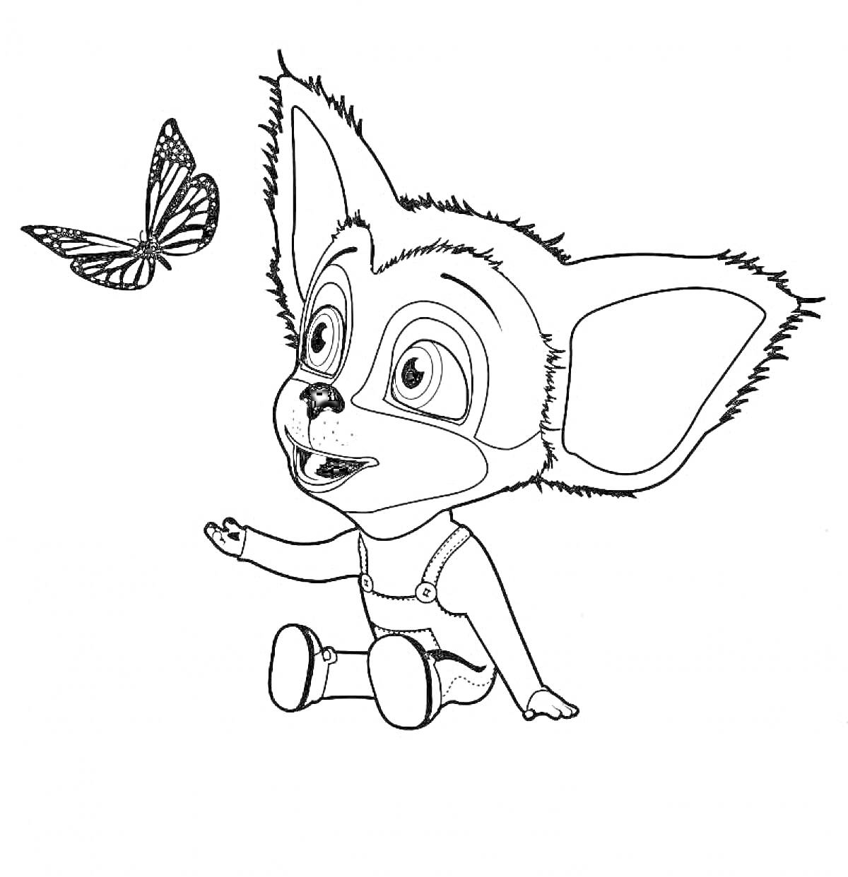 Раскраска щенок в комбинезоне, сидящий и протягивающий лапу к бабочке