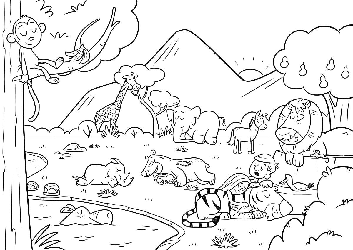 Раскраска животные и дети на пикнике с горным пейзажем и деревьями на фоне