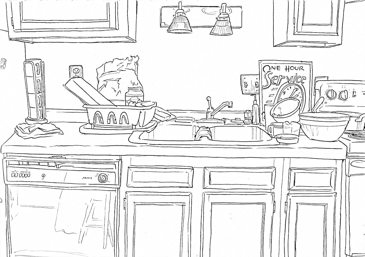 Раскраска Кухонная сцена с сушилкой для посуды, пакетом, книгой рецептов 