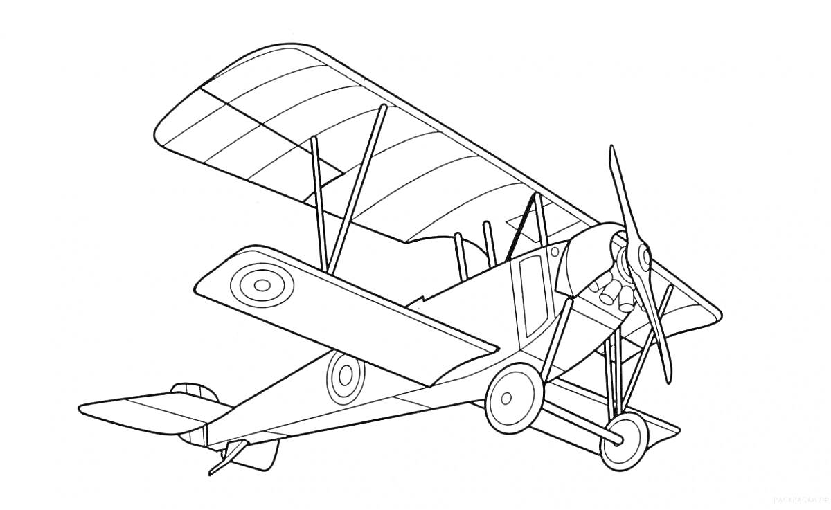 Раскраска Двухплоскостной аэроплан с пропеллером