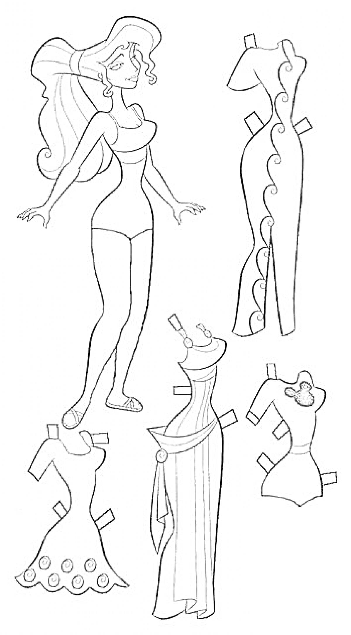 Раскраска Бумажная кукла с четырьмя нарядами (платья разного стиля)