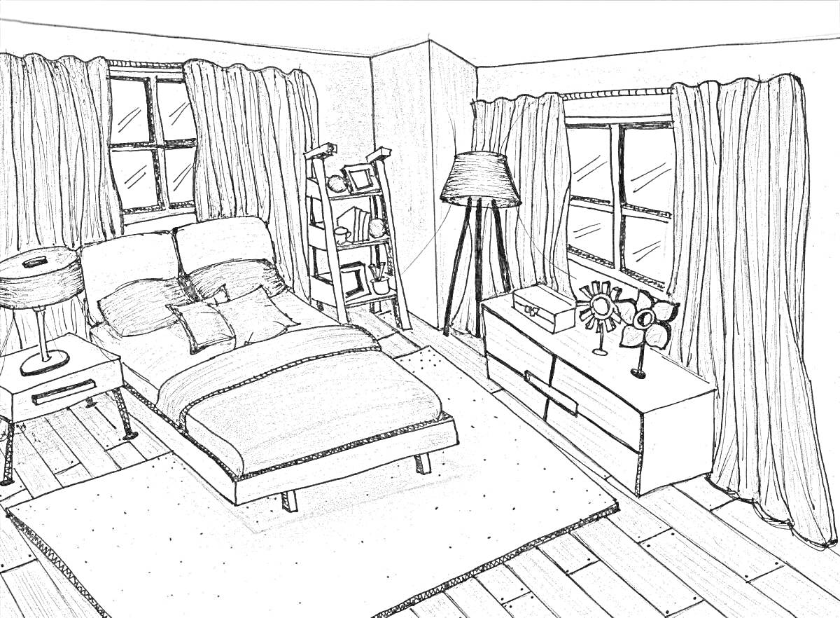 Раскраска Спальня мечты с кроватью, лампой, тумбочкой, полкой, шкафом и ковром
