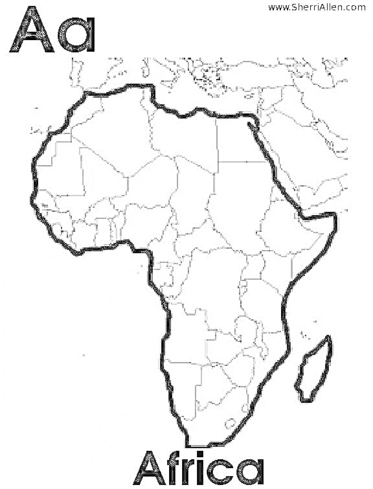 На раскраске изображено: Африка, Контурная карта, Буква А, Континенты, География, Обучение