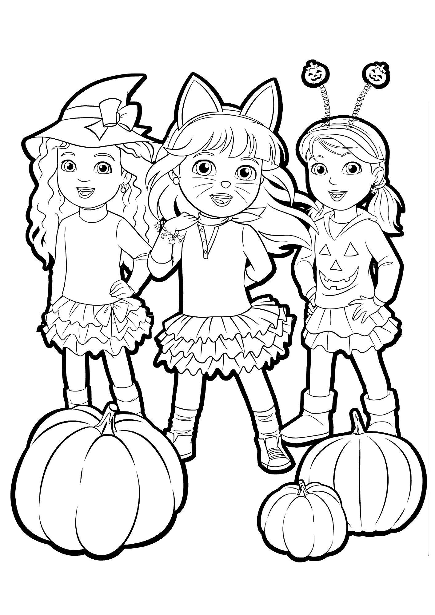 Раскраска Девочки в костюмах на Хэллоуин среди тыкв
