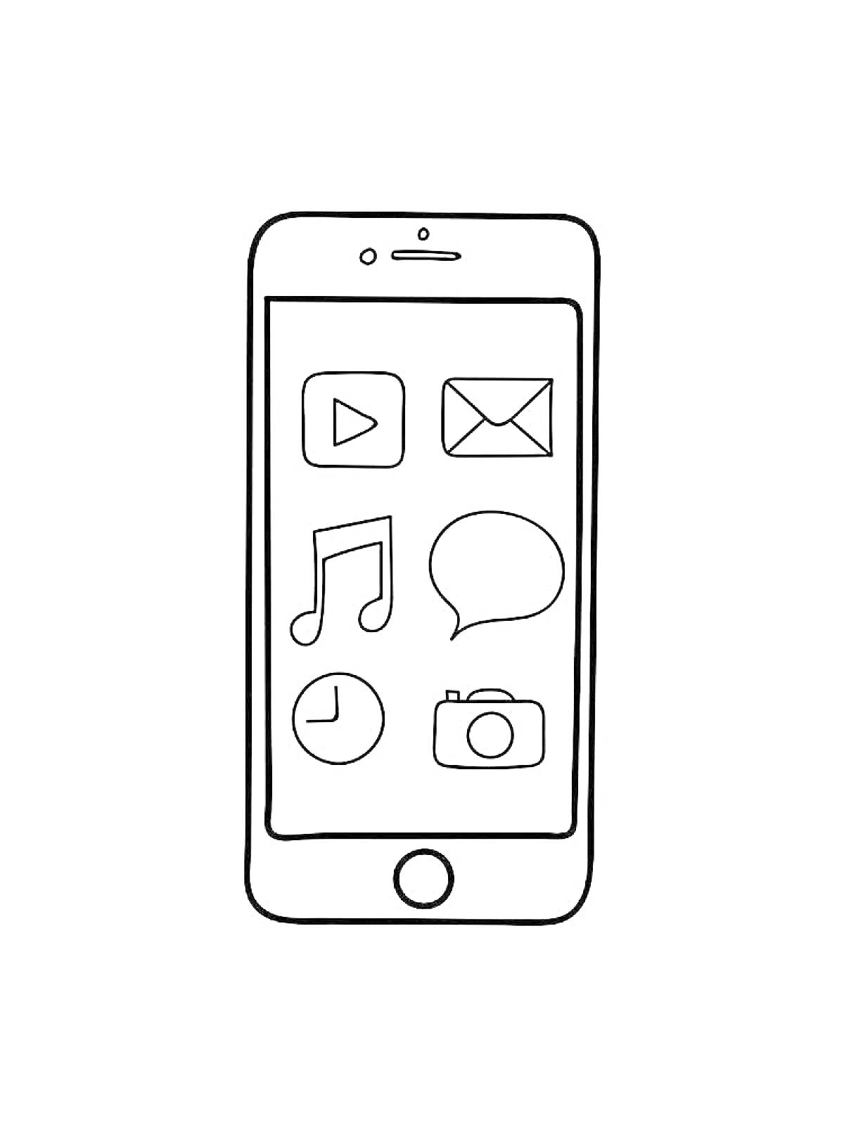 На раскраске изображено: Смартфон, Почта, Музыка, Сообщения, Часы, Камера