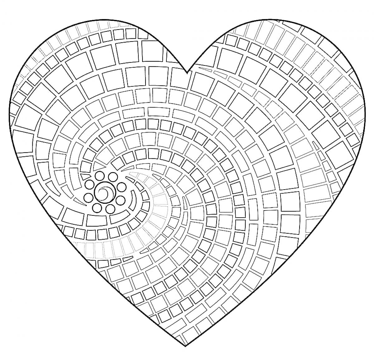 Раскраска Мозаичное сердце с круговыми и прямоугольными узорами