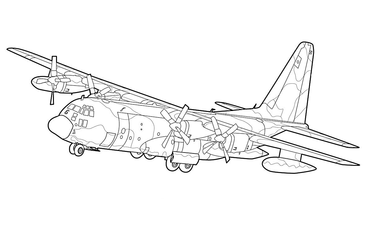 Раскраска Военный транспортный самолет с камуфляжной окраской, оснащенный четырьмя винтовыми двигателями
