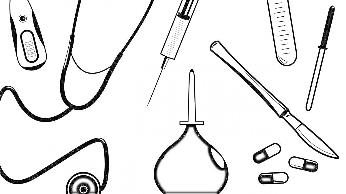 На раскраске изображено: Термометр, Стетоскоп, Шприц, Медицинские инструменты, Для детей, Пробирки
