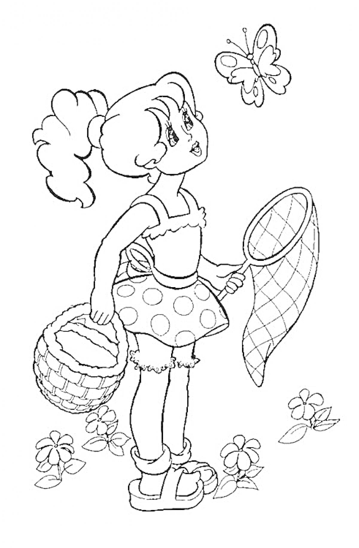 Раскраска Девочка с корзинкой и сачком смотрит на бабочку на лугу с цветами