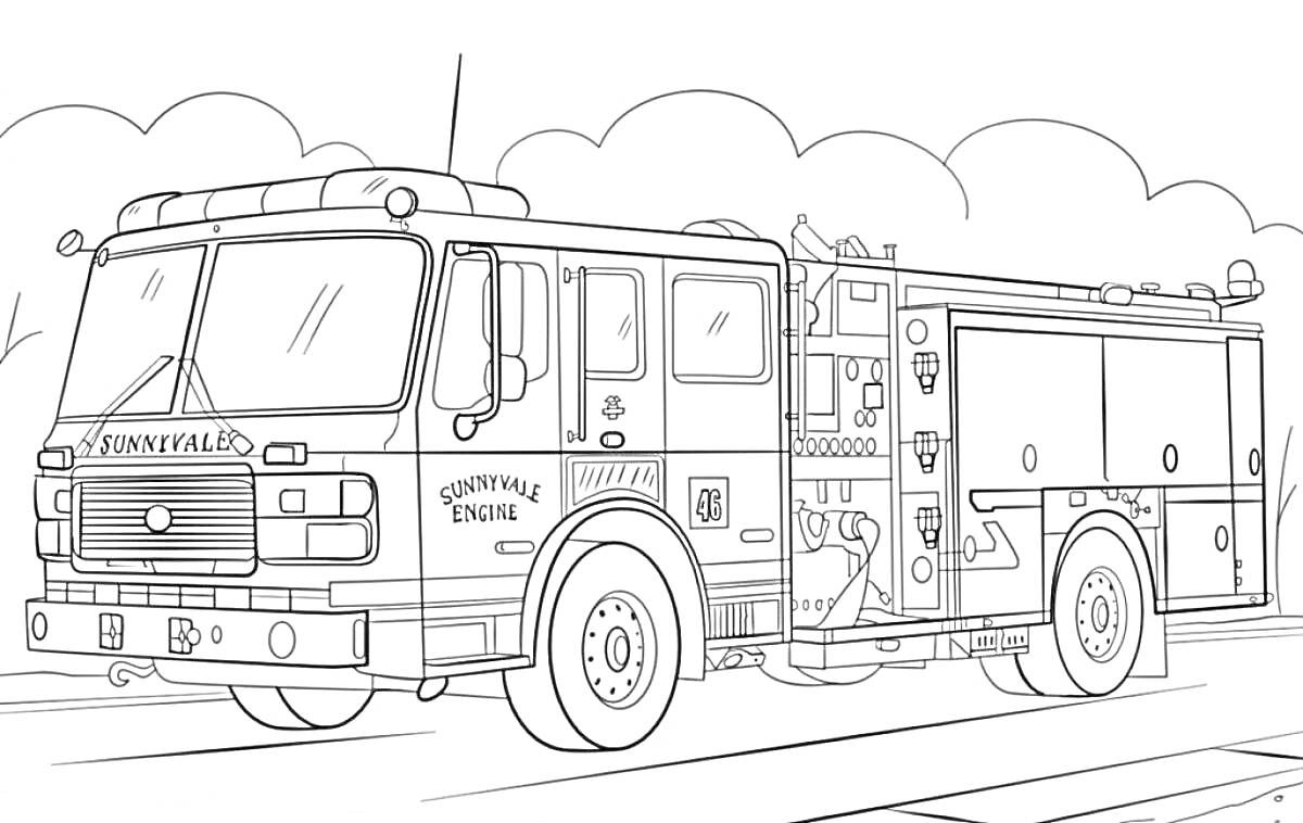 На раскраске изображено: Пожарная машина, Авто, Пожарная служба, Тушение пожара, Деревья, Транспорт, Техника