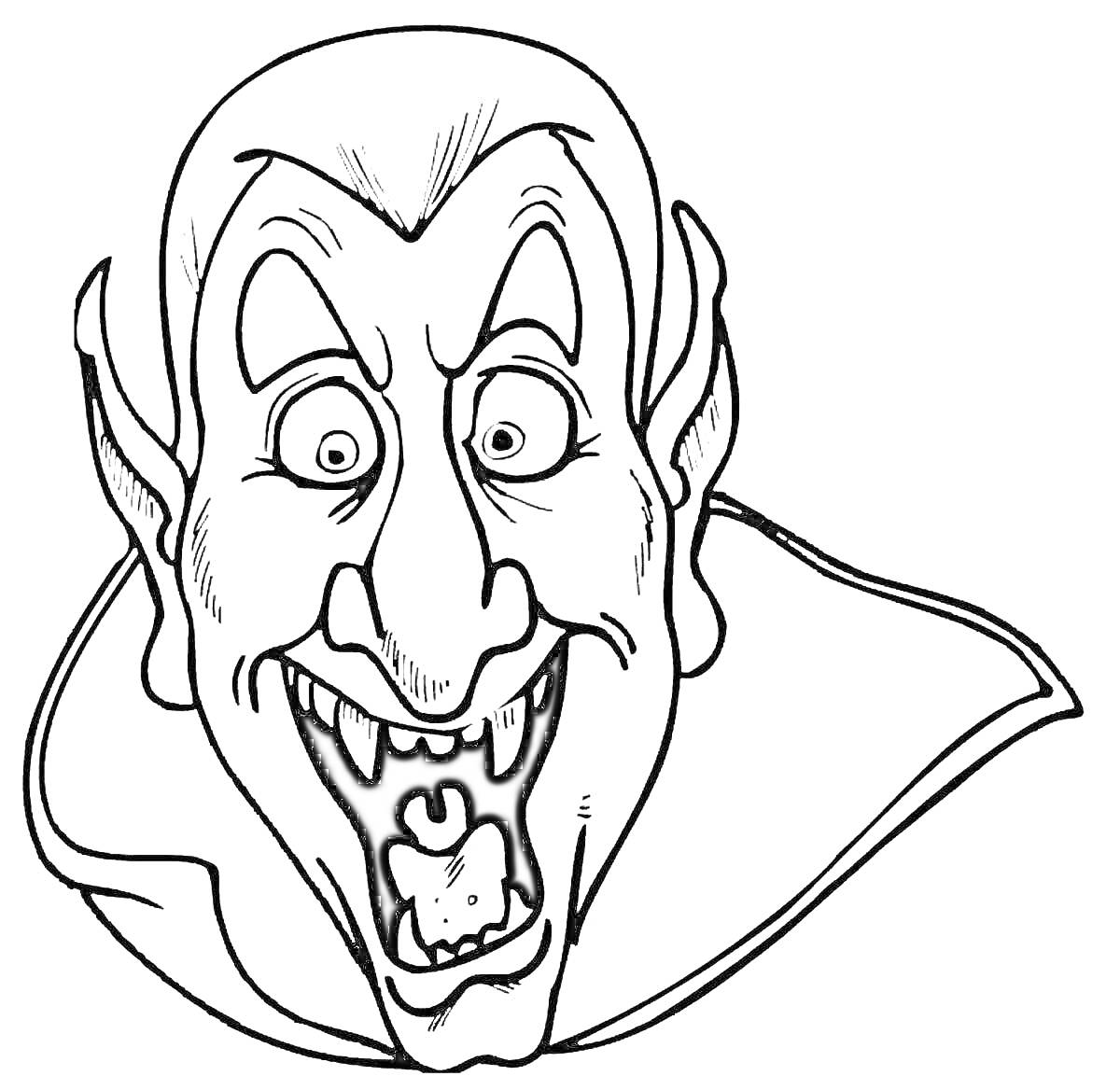 На раскраске изображено: Граф дракула, Вампир, Клыки, Острые уши, Испуганное лицо, Плащ, Монстр, Уши