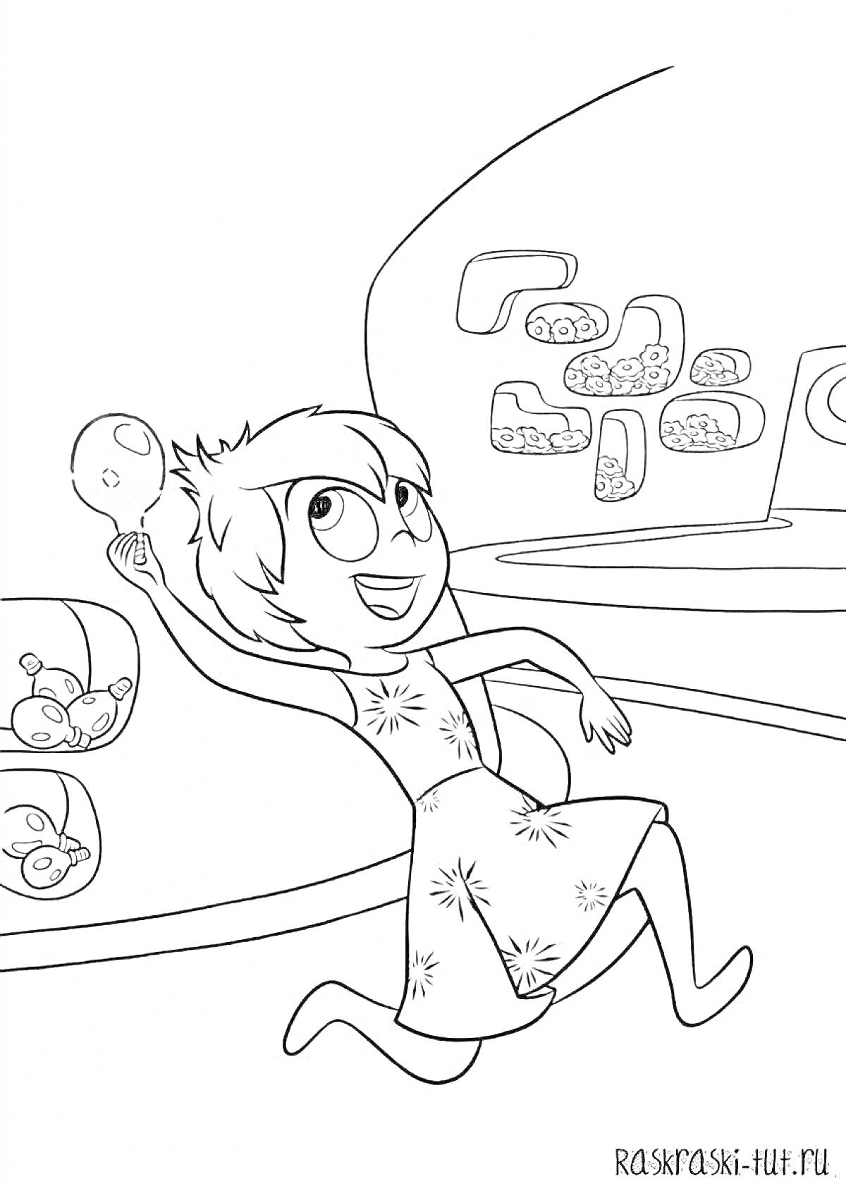На раскраске изображено: Девочка, Комната, Радость, Бег, Счастье