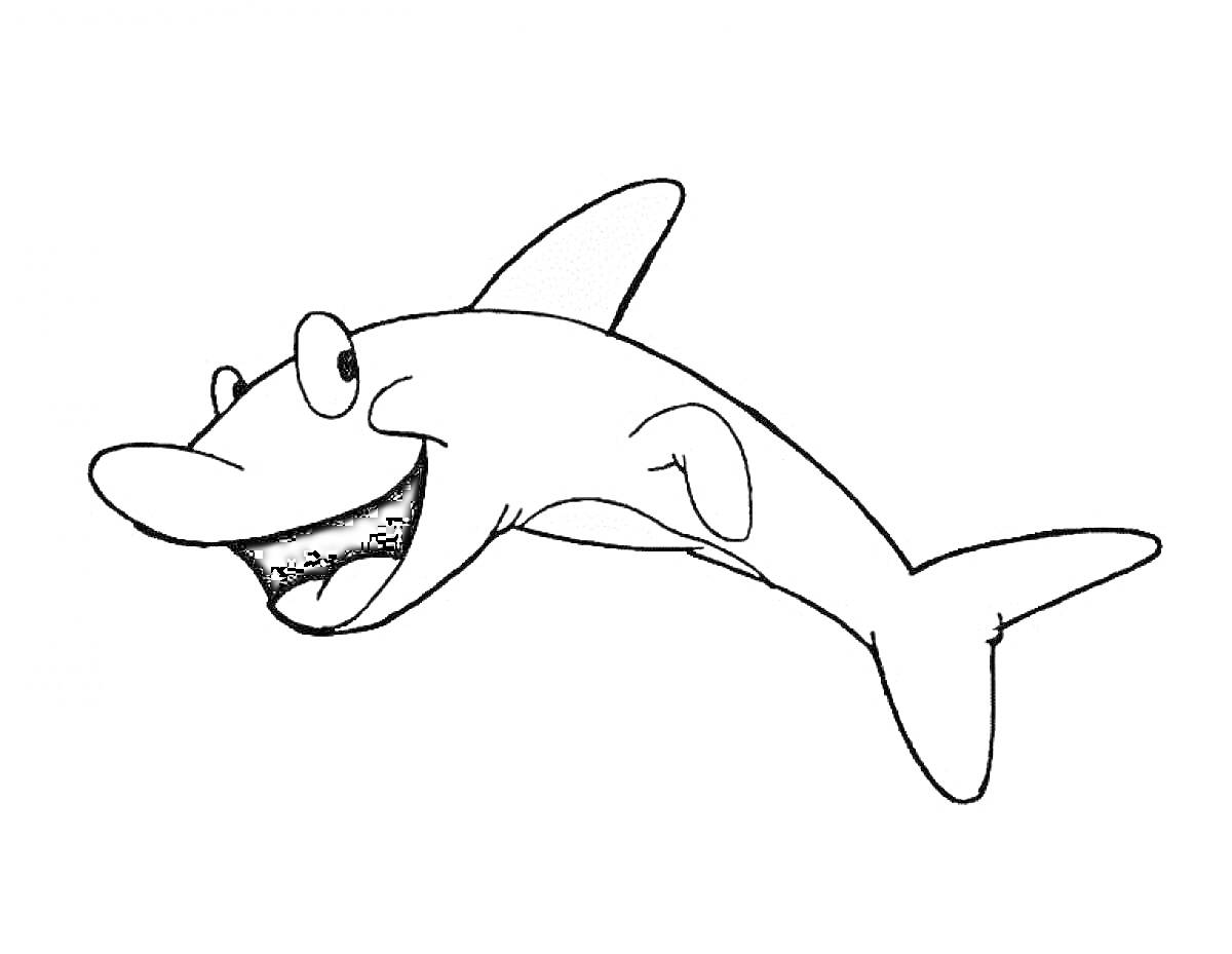 Раскраска Счастливая мультяшная акула с большими глазами и широкой улыбкой