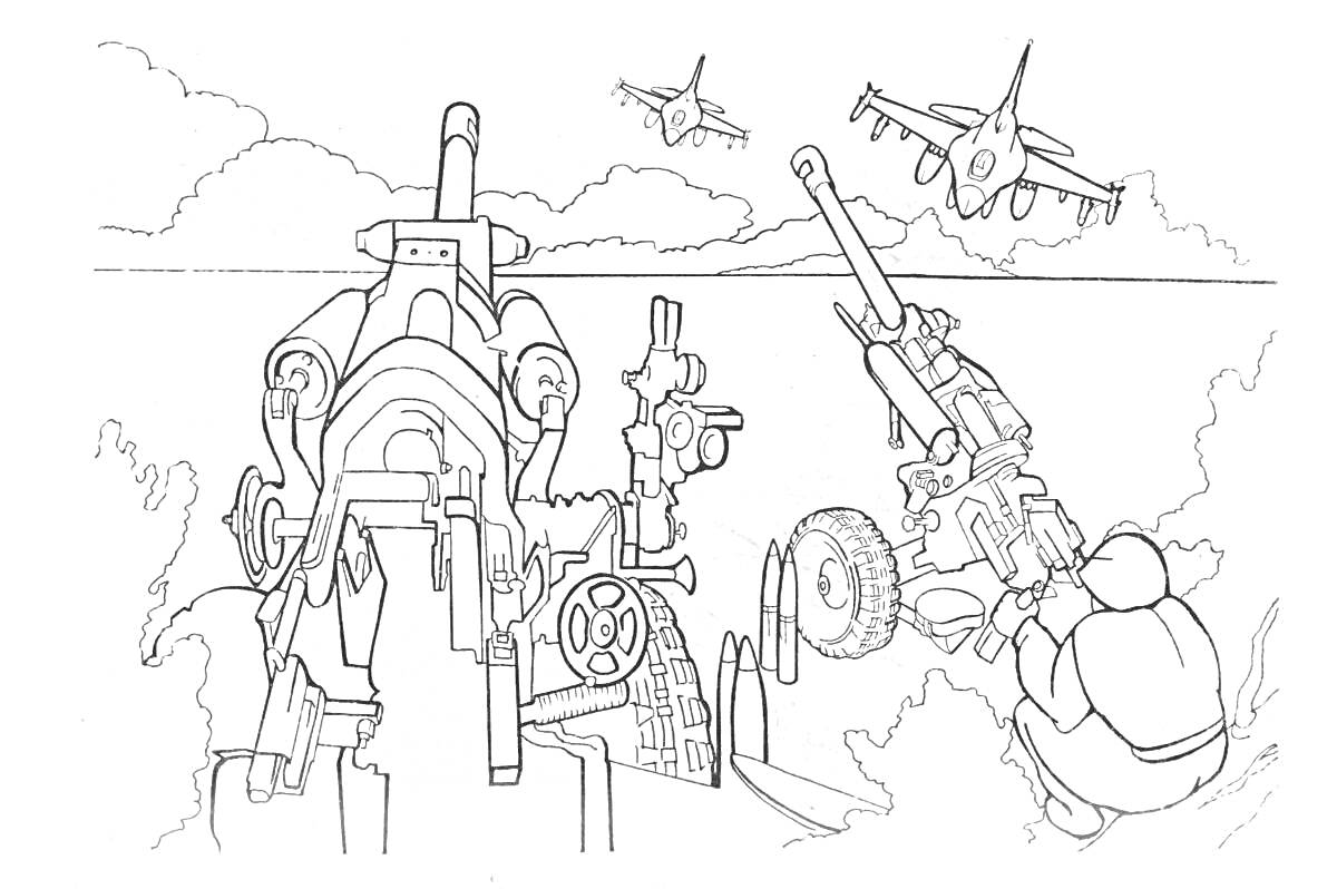 На раскраске изображено: Военная техника, Военный корабль, Пушечное орудие, Самолеты, Артиллерия, Небо, Война