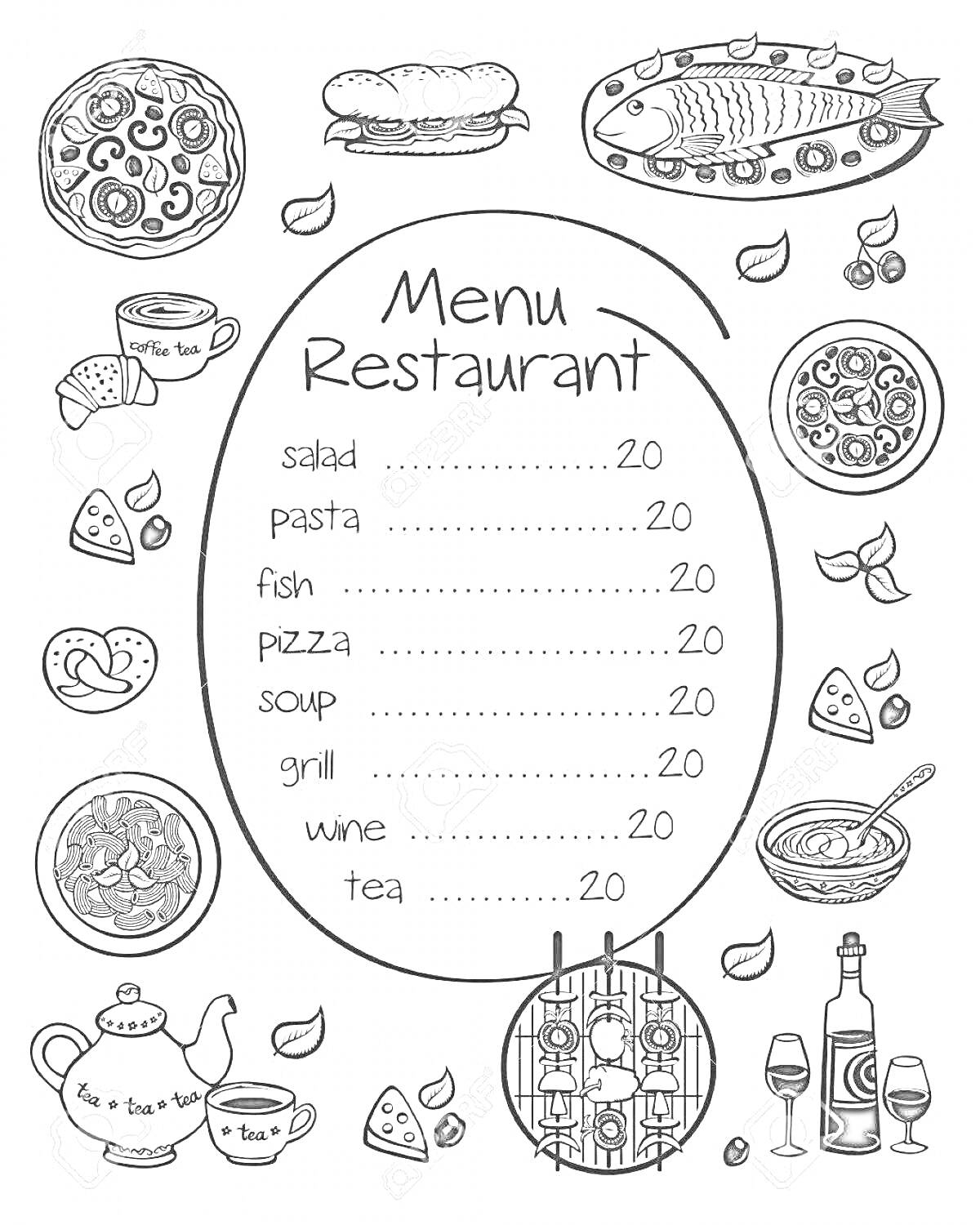 Раскраска Меню ресторана с рисунками салата, пасты, рыбы, пиццы, супа, гриля, вина, чая, чайника, кружки, тарелки, вилки, бокала, бутылок, сыра, хлеба, лимона и листьев