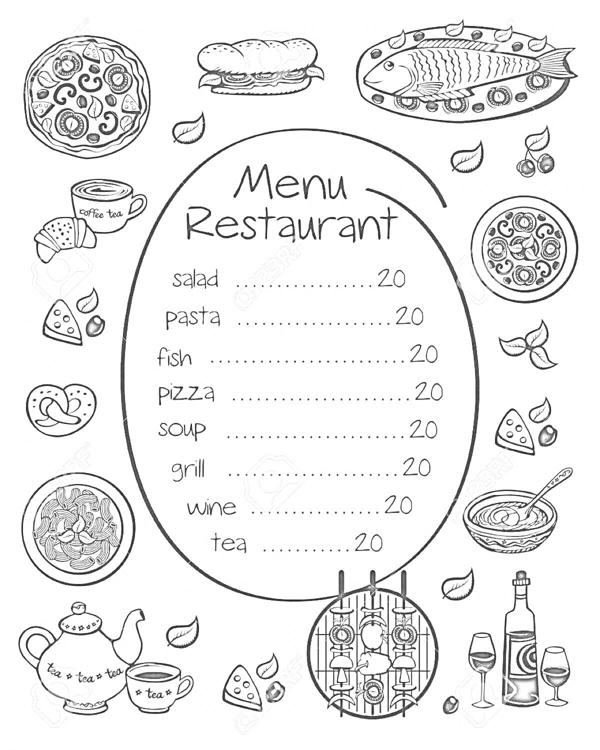 На раскраске изображено: Меню, Ресторан, Салат, Паста, Рыба, Пицца, Суп, Гриль, Вино, Чай, Чайник, Кружка, Тарелка, Вилка, Бокал, Бутылка, Сыр, Хлеб, Лимон, Листья, Кухня, Еда, Ингредиенты, Напиток