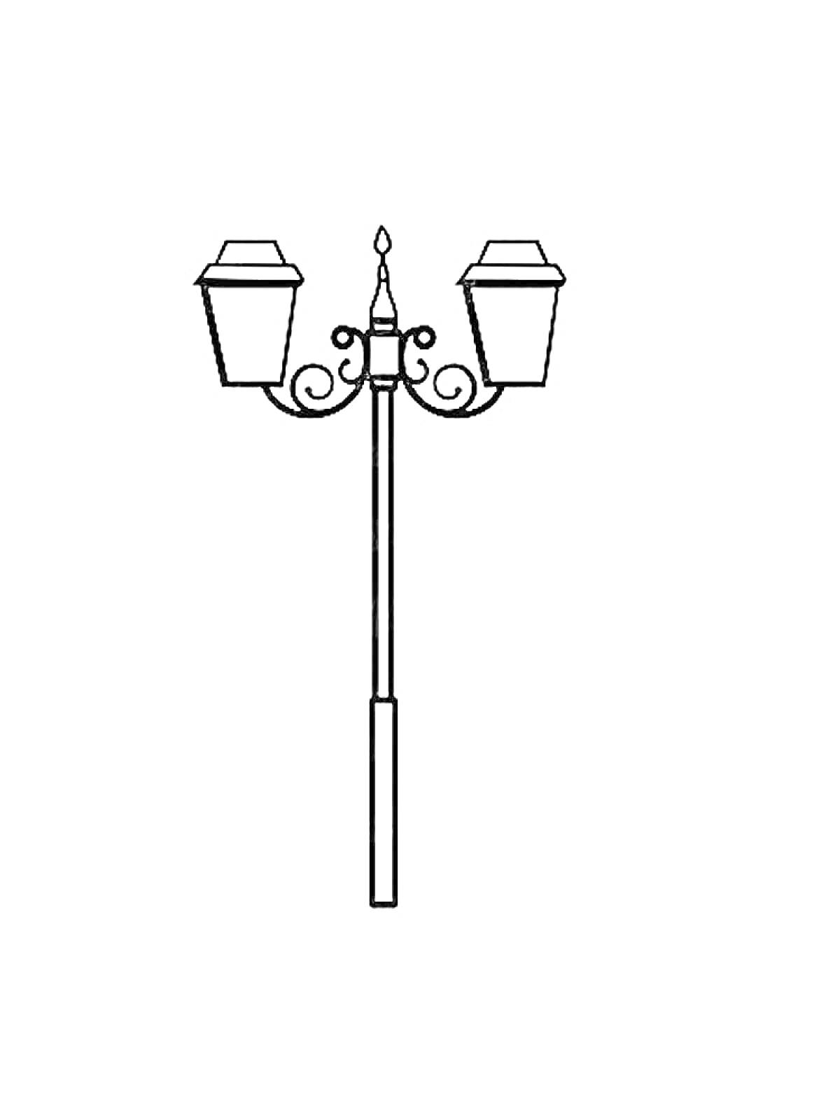 Раскраска Уличный фонарь с двумя светильниками и декоративными элементами