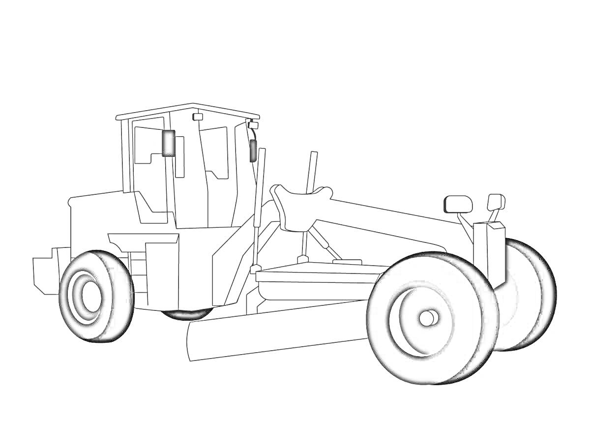 Раскраска Фронтальный погрузчик с кабиной, большими колёсами и грейдером