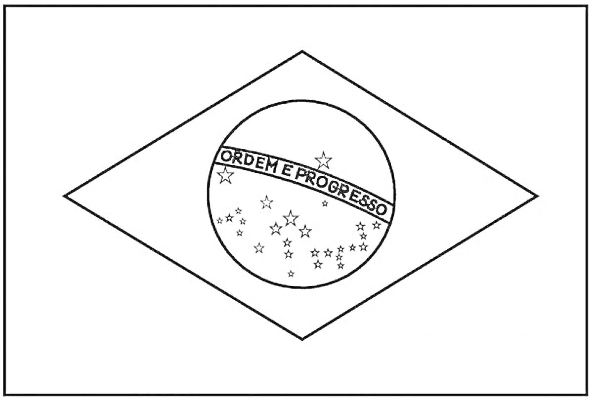 Раскраска Флаг Бразилии с ромбом, кругом, надписью 