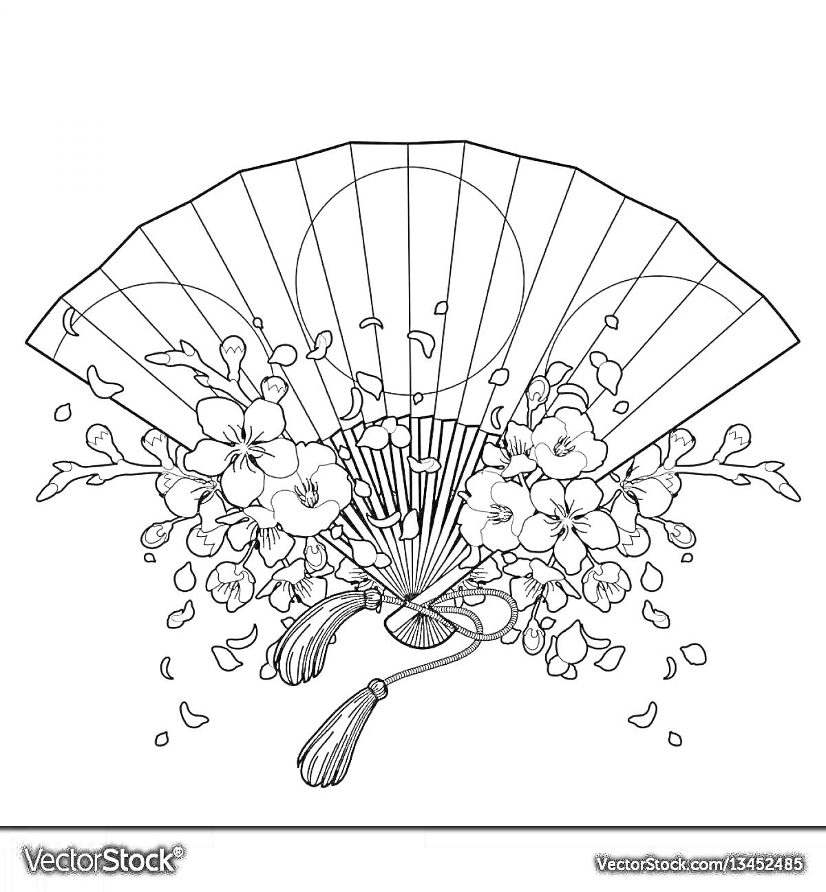 Раскраска Китайский веер с цветами и лепестками