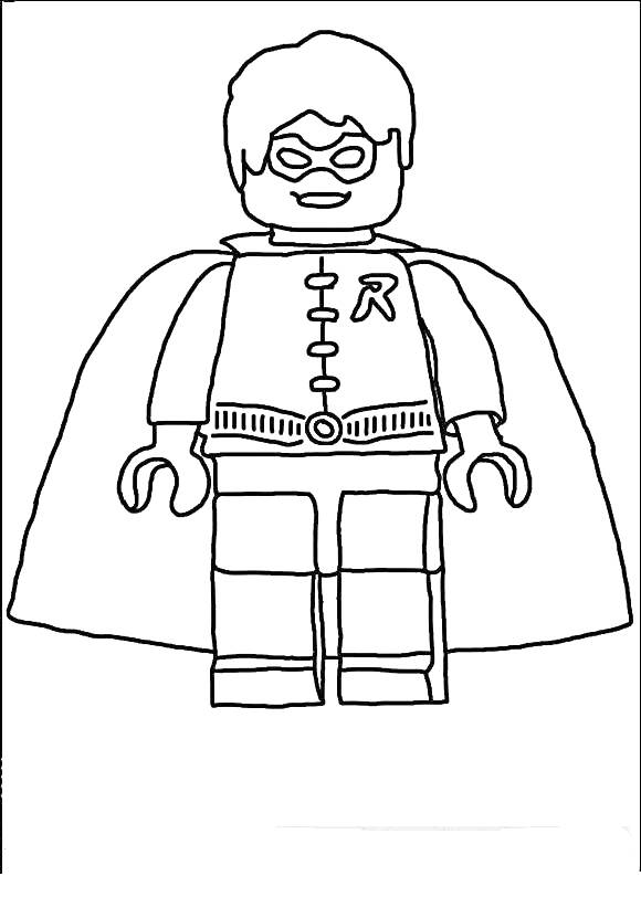 На раскраске изображено: Лего, Маска, Плащ, Буква R, Ремень, Игрушки, Супергерои, Человек