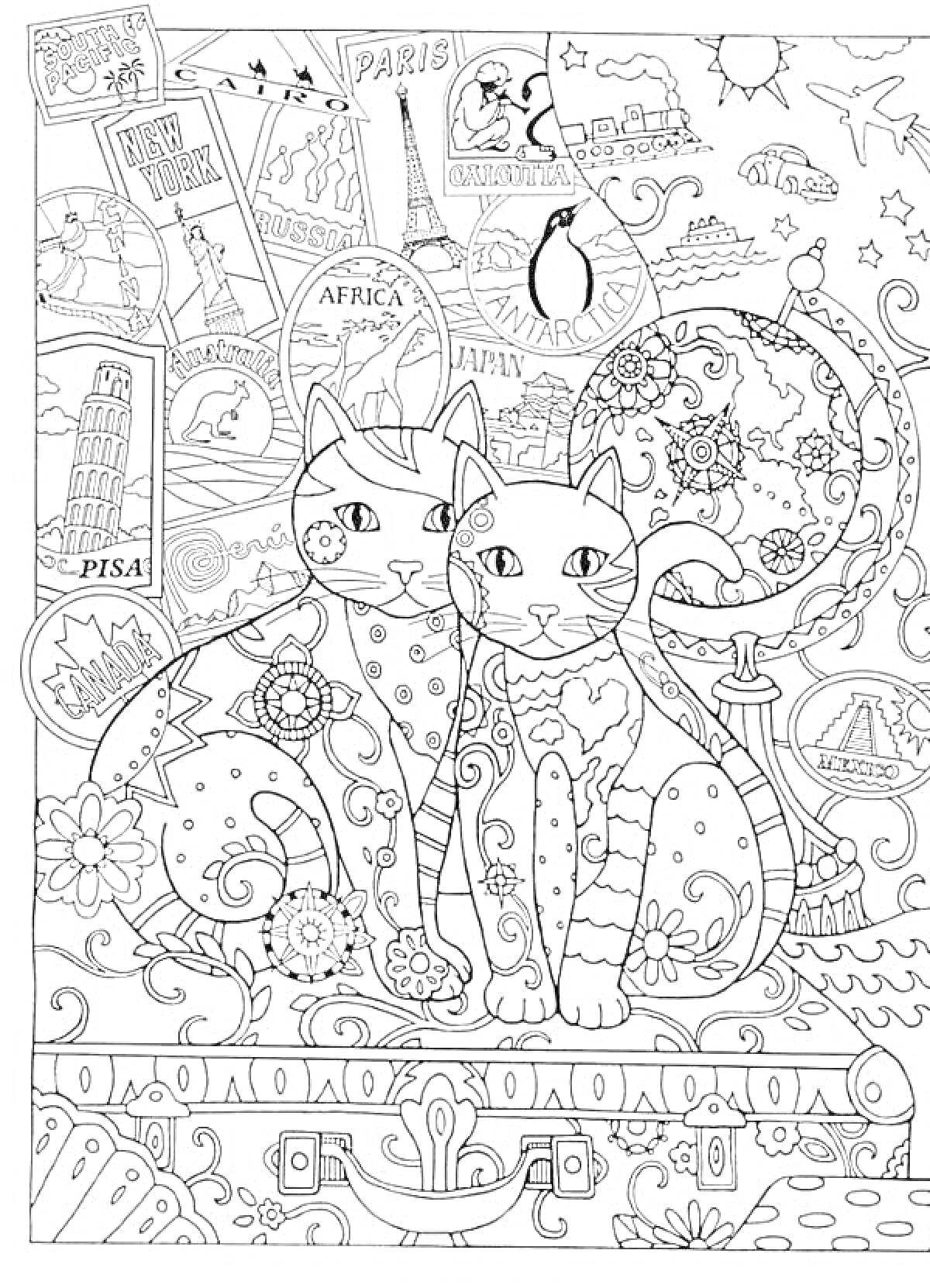РаскраскаДве кошки на декоративном фоне с путешествиями, цветами и различными достопримечательностями