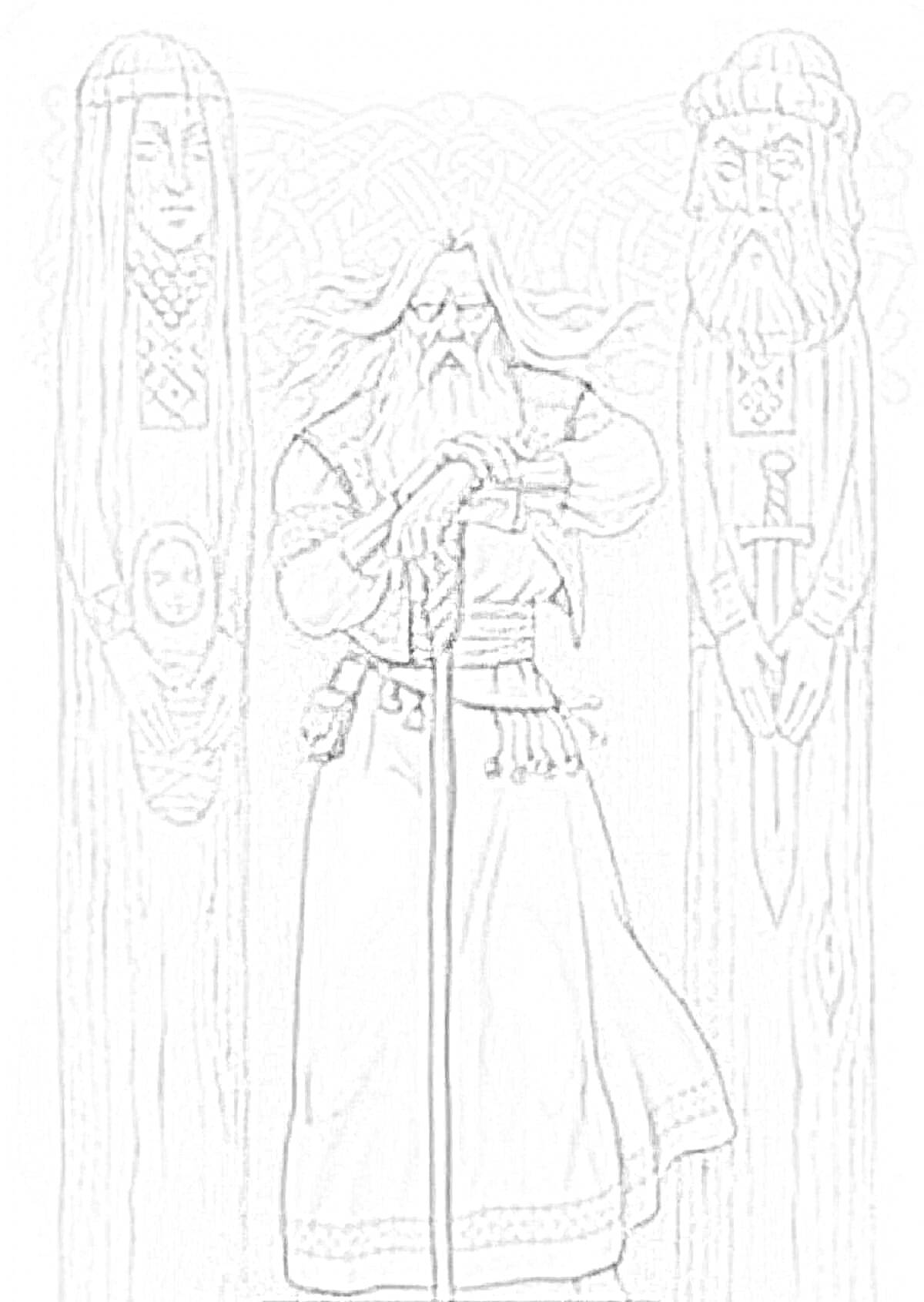 Раскраска Славянские боги с идолами, мужчина с длинной бородой в традиционных одеждах, деревянные идолы по бокам