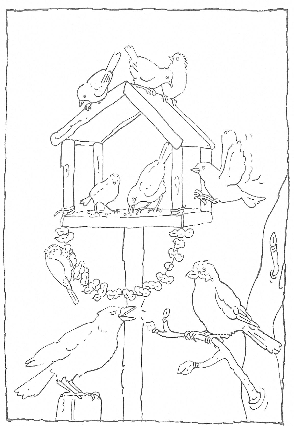 Раскраска Кормушка для птиц с птицами на ветке и венком из ягод