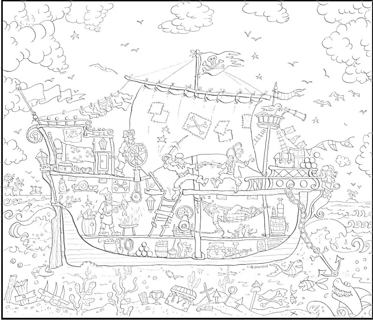 На раскраске изображено: Пиратский корабль, Пираты, Животные, Море, Приключения