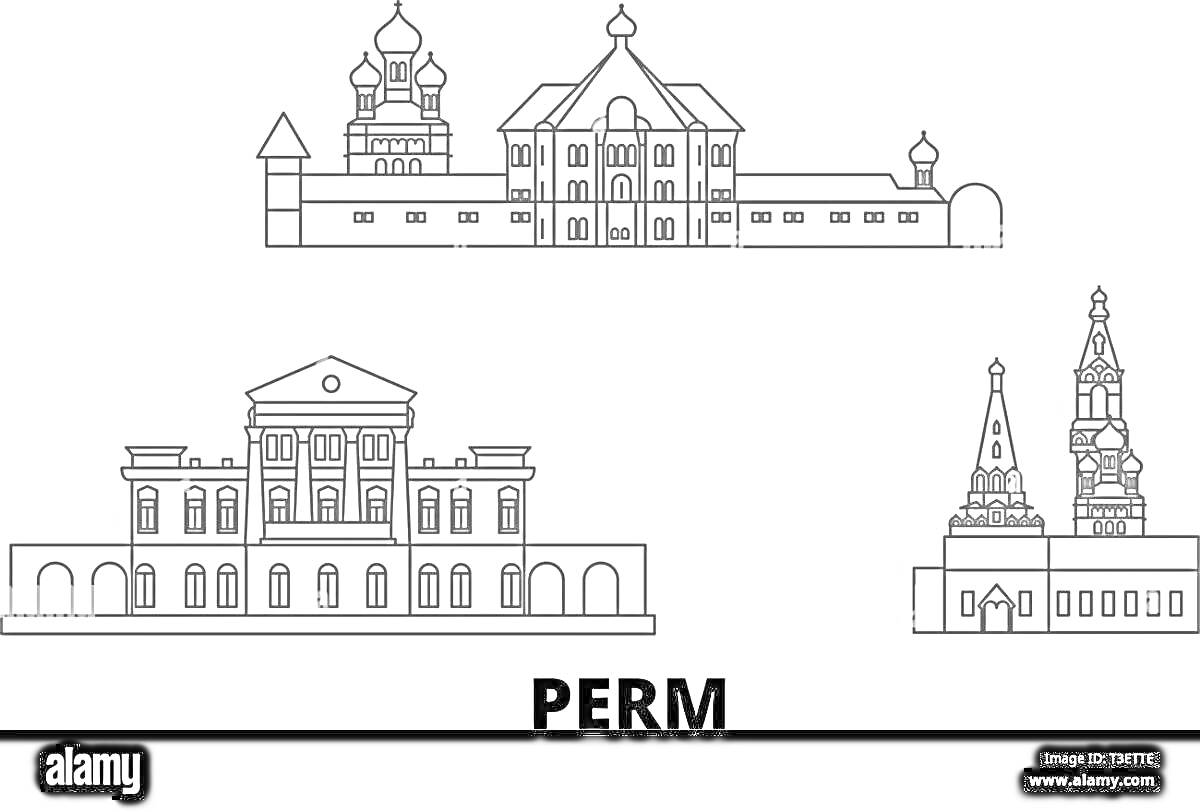 На раскраске изображено: Пермь, Здания, Архитектура, Купола, Колонны, Башни, Фасады, Чертежи