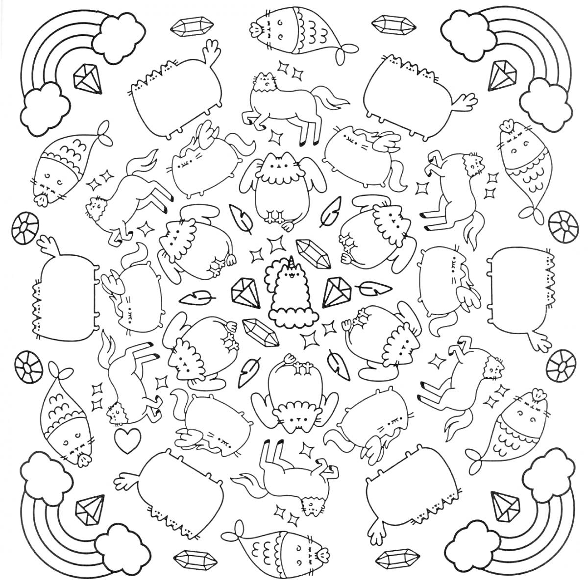 Раскраска Стикеры для детей с мифическими существами, облаками, радугами, бриллиантами и сердечками