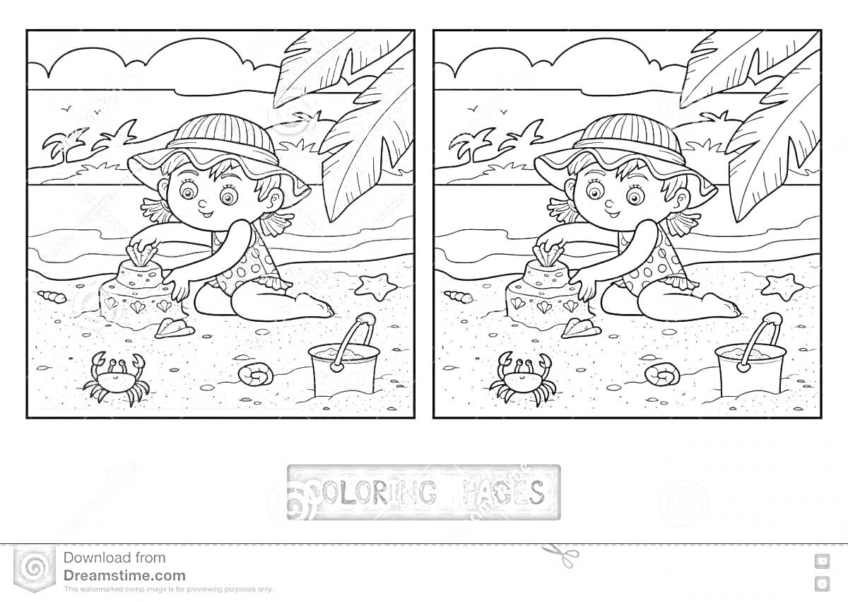 Раскраска Девочка играет с песком на пляже с ведром, крабом и ракушками
