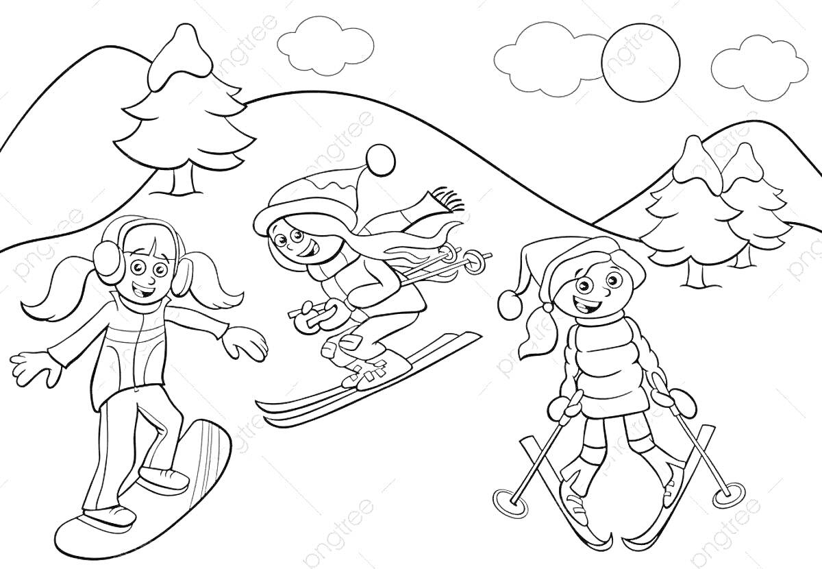 На раскраске изображено: Зима, Снег, Горы, Ёлки, Облака, Зимние виды спорта